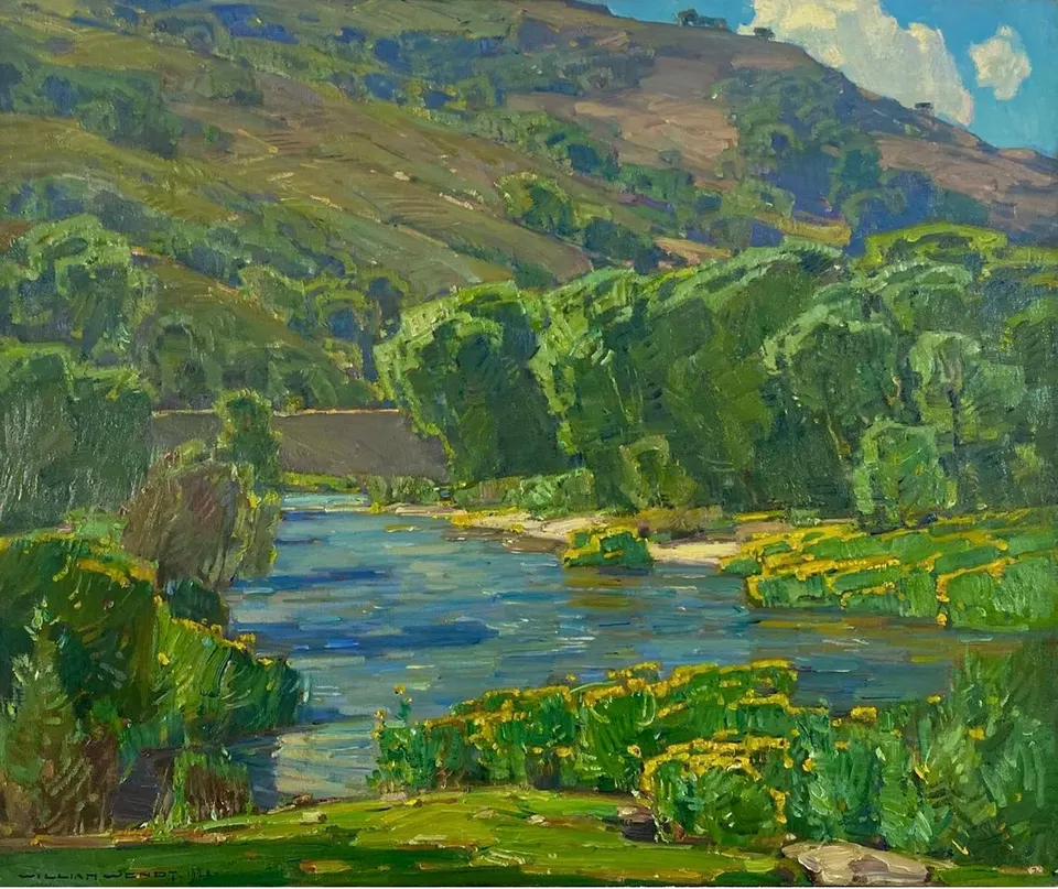 William Wendt, Cottonwoods on the Riverbank, oil on canvas